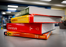 Stack of textbooks on a bookcase. 